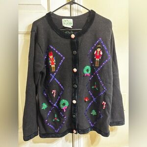 Quacker Factory Black Nutcracker Cardigan with Festive Embellishments, Medium